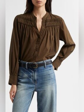 Nili Lotan Clarys Shirred Yoke Top in Olive Green